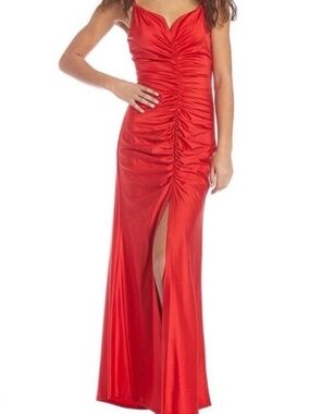 NEW Midnight Doll V-Neck Ruched Satin Front Slit Long Dress Size 3 Res Prom NWT
